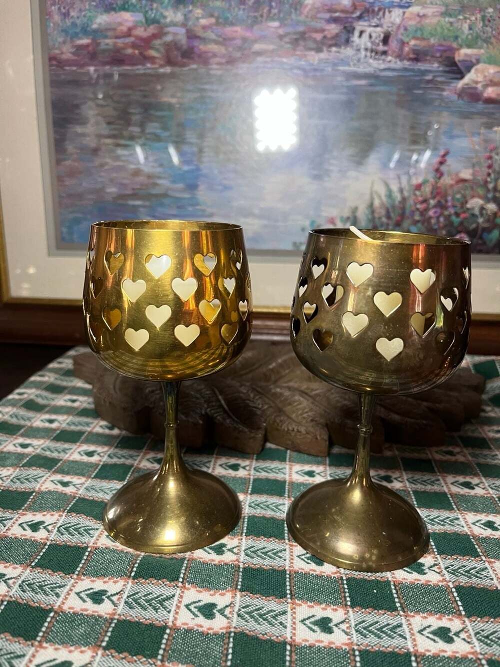 Vintage Hosley Brass Heart Cutout Goblet Votive Candle Holders, Set of 2